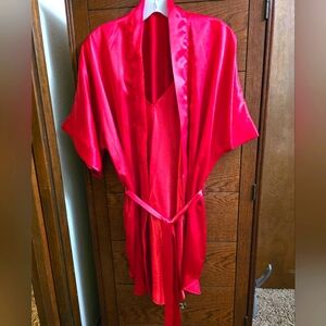Red satin look nightgown and half robe.